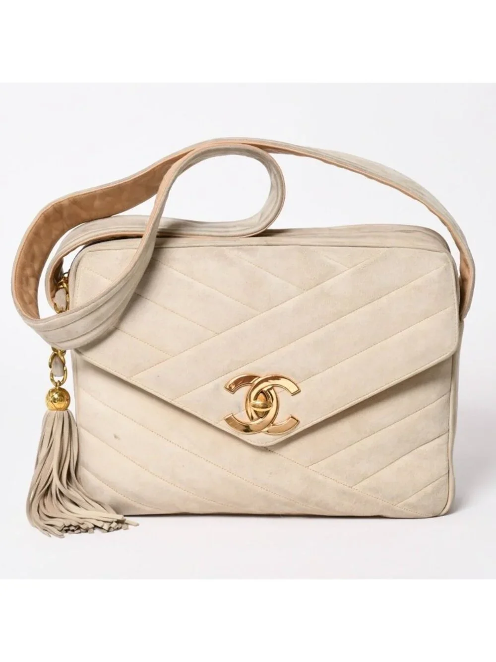 Chanel CC Logo Suede Tassel Shoulder Bag Chevron Bahia Stitch Gold